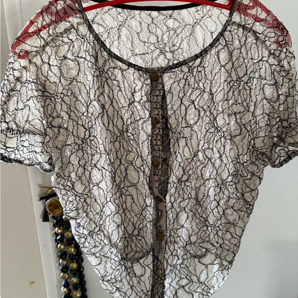 Lace Button-Down Top - Black and White
